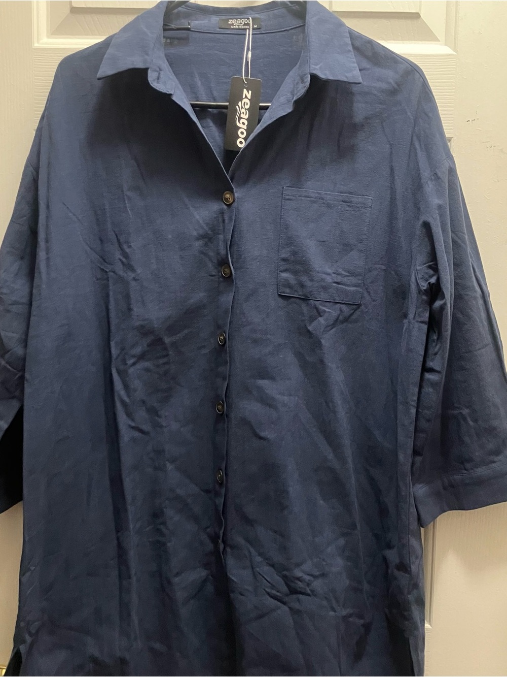 Zeagoo Women's Casual Button Down Oversized Shirt 3/4 Sleeve Navy Blouse Top M
